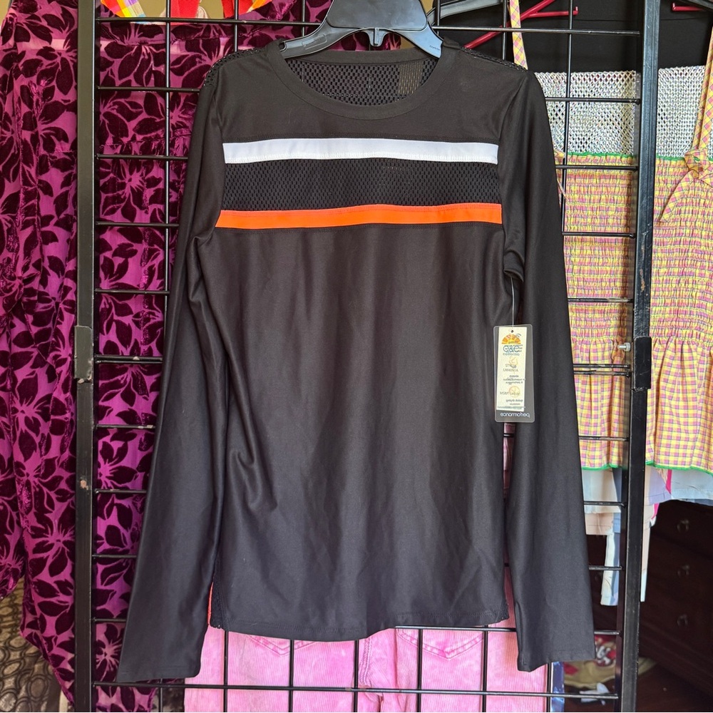C&C California Black Long Sleeve Top with Orange and White Stripes
